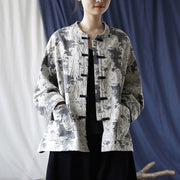 Buddha Stones Black Gray Print Frog-button Design Long Sleeve Cotton Linen Jacket Shirt With Pockets