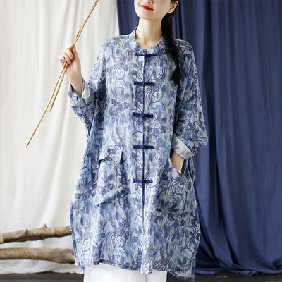 Buddha Stones Blue Flowers Butterfly Frog-Button Long Sleeve Ramie Linen Jacket Shirt With Pockets 1