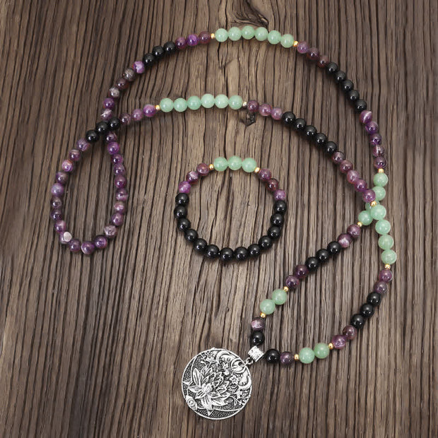 Buddha Stones 108 Mala Beads Amethyst Green Aventurine Lotus Meditation Bracelet