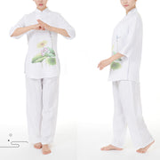 Buddha Stones 2Pcs White Lotus Flower Leaf Half Sleeve Shirt Top Pants Meditation Zen Tai Chi Linen Clothing Women's Set 4