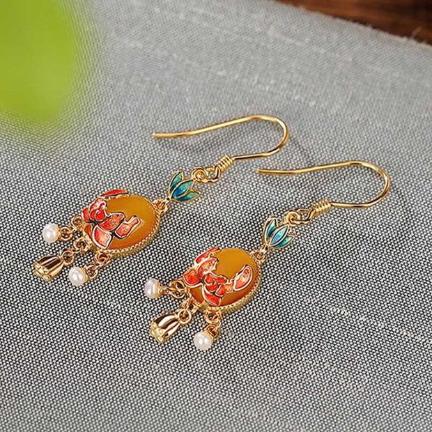 Buddha Stones 925 Sterling Silver Plated Gold Natural Amber Flower Pearl Confidence Ring Earrings Set