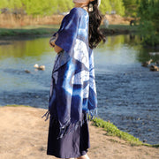Buddha Stones Blue Batik Shawl Tassels Maple Leaf Cozy Travel Pullover 95*90cm 5