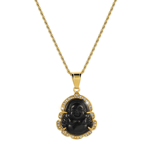 Buddha Stones 18K Gold Filled Laughing Buddha Jade Luck Necklace Chain Pendant