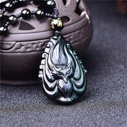 Buddha Stones Natural Rainbow Obsidian Nine Tailed Fox Inner Peace Necklace Beaded String Pendant