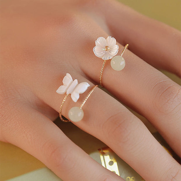 Buddha Stones 14k Gold Plated Round Hetian Jade Tridacna Stone Peach Blossom Flower Butterfly Prosperity Adjustable Ring (Extra 35% Off | USE CODE: FS35) - image 7