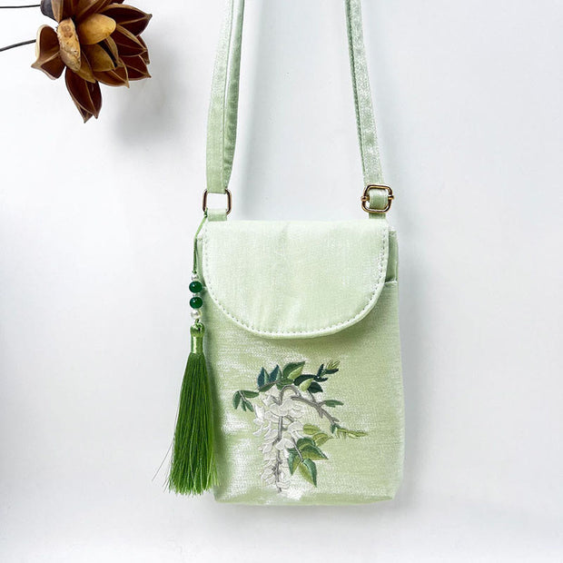 Buddha Stones Small Embroidered Flowers Crossbody Bag Shoulder Bag Double Layer Cellphone Bag Crossbody Bag BS Green Wisteria 13.5*19.5*2.5cm