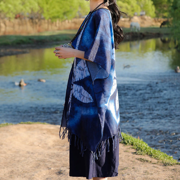 Buddha Stones Blue Batik Shawl Tassels Maple Leaf Cozy Travel Pullover 95*90cm 6