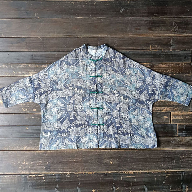 Buddha Stones Birds Flowers Geometry Frog-Button Long Sleeve Ramie Linen Jacket Shirt 14