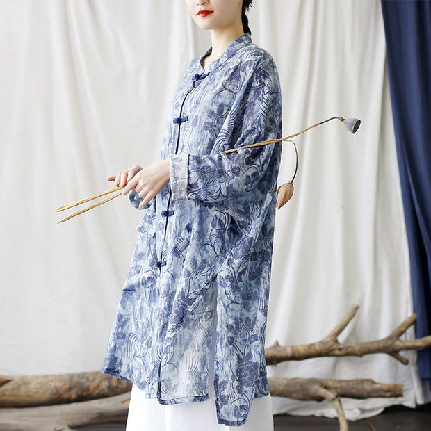 Buddha Stones Blue Flowers Butterfly Frog-Button Long Sleeve Ramie Linen Jacket Shirt With Pockets 4
