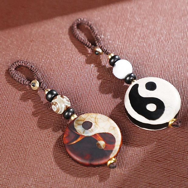 Buddha Stones Natural Agate Yin Yang Dzi Bead Balance Keychain Key Chain BS 9