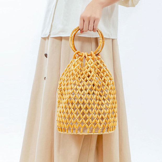 Buddha Stones Hand-woven Wooden Beads Bamboo Handle Shoulder Bag Handbag Handbags BS 2
