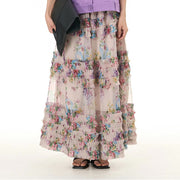 Buddha Stones Colorful Flowers Loose Mesh Tulle Skirt See-Through Design