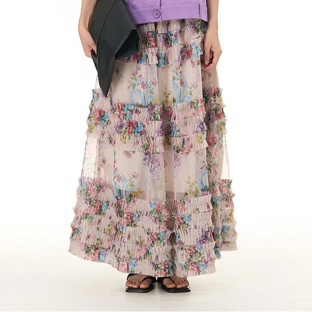 Buddha Stones Colorful Flowers Loose Mesh Tulle Skirt See-Through Design 25