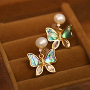 Buddha Stones 18K Gold Plated Copper Natural Shell Pearl Butterfly Sincerity Stud Earrings 1