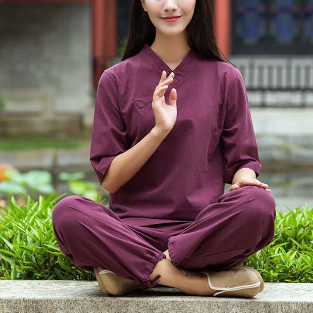 Buddha Stones 2Pcs Half Sleeve V-Neck Shirt Top Pants Meditation Zen Tai Chi Linen Clothing Women's Set Women's Meditation Cloth BS Burgundy(Top&Pants) 2XL(Bust 108cm/Waist 72-106cm/Pants Length 100cm)