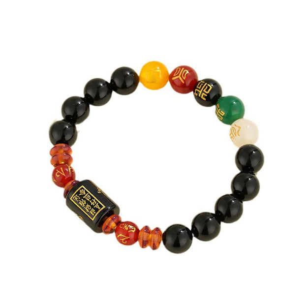 Buddha Stones Five Elements Black Onyx Red Agate Wisdom Wealth Bracelet Bracelet BS 12