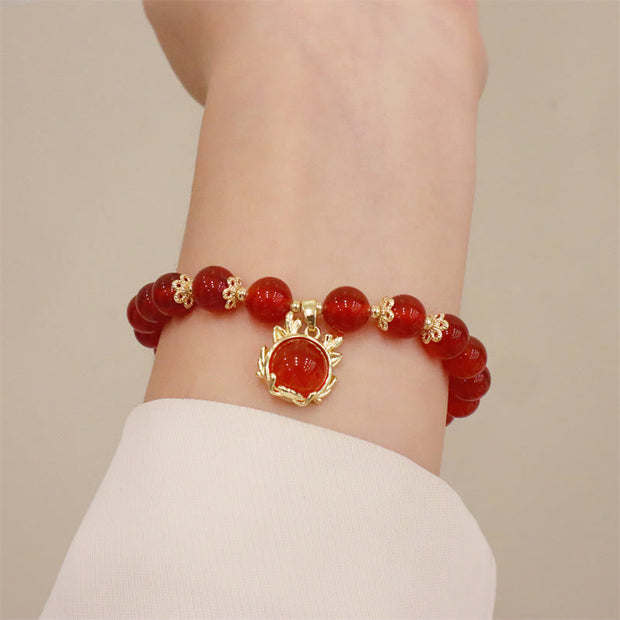 Buddha Stones Year of the Dragon Red Agate Jade Peace Buckle Fu Character Success Bracelet Bracelet BS 18