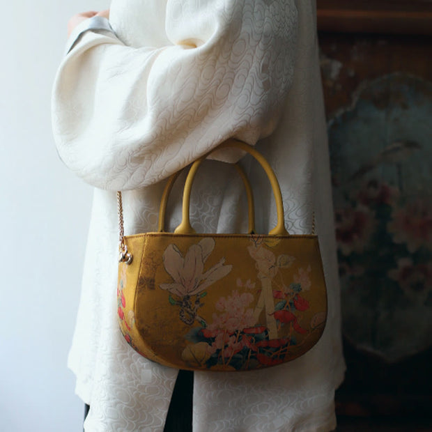 Buddha Stones Vintage Flower Peony Metal Chain Zipper Handbag Crossbody Bag Shoulder Bag Handbags BS 10