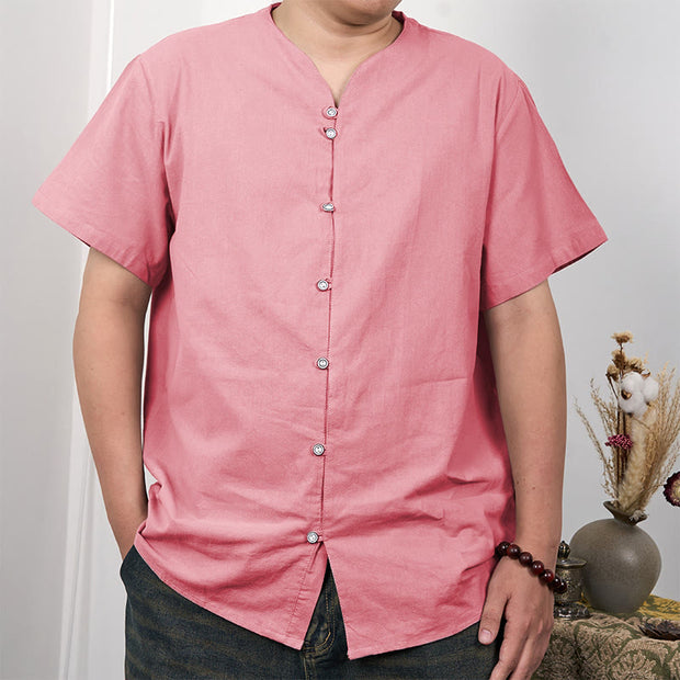 Buddha Stones Men's Short Sleeve Button Down Cotton Linen Shirt Men's Shirts BS Pink 3XL(Fit for US/UK/AU44; EU54)