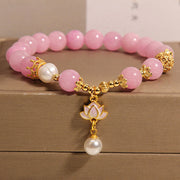 Buddha Stones Pink Jade Pearl Lotus Charm Harmony Bracelet