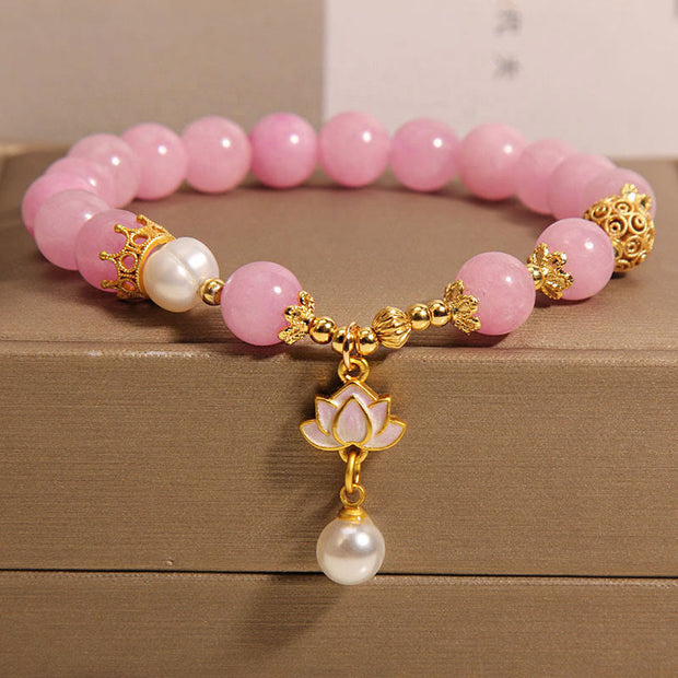 Buddha Stones Pink Jade Pearl Lotus Charm Harmony Bracelet Bracelet BS Pink Jade(Wrist Circumference: 14-17cm)