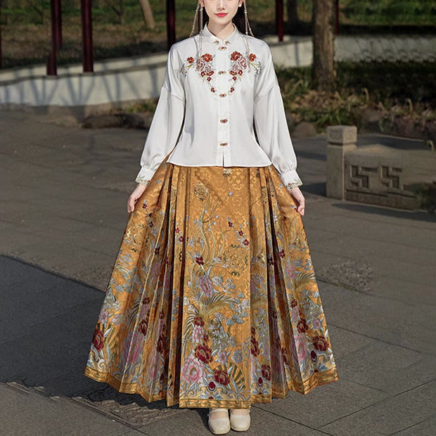 Buddha Stones Golden Flower Phoenix Embroidery Long Sleeve Shirt Top Chinese Hanfu Ming Dynasty Horse Face Skirt Mamianqun Skirt 16