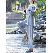 Buddha Stones 2Pcs Frog-Button Long Sleeve Shirt Top Pants Meditation Zen Tai Chi Cotton Linen Clothing Women's Set Women's Meditation Cloth BS 9