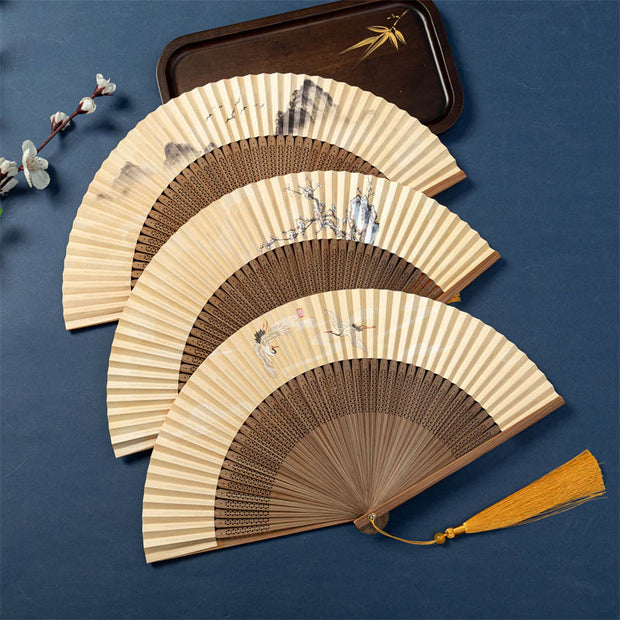 Buddha Stones Lotus Dragonfly Wild Geese Plum Blossom Handheld Silk Bamboo Folding Fan 22.5cm 1