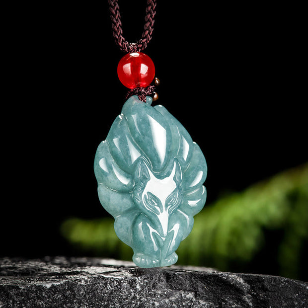 Buddha Stones Natural Green Jade Nine-Tailed Fox Luck Necklace Pendant Necklaces & Pendants BS 1