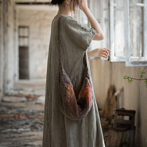 Buddha Stones Handmade Tie Dye V-Neck Midi Dress Linen Short Sleeve Dress21