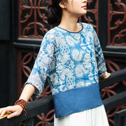 Buddha Stones Blue Flowers Three Quarter Sleeve Top Casual Tee T-shirt 1