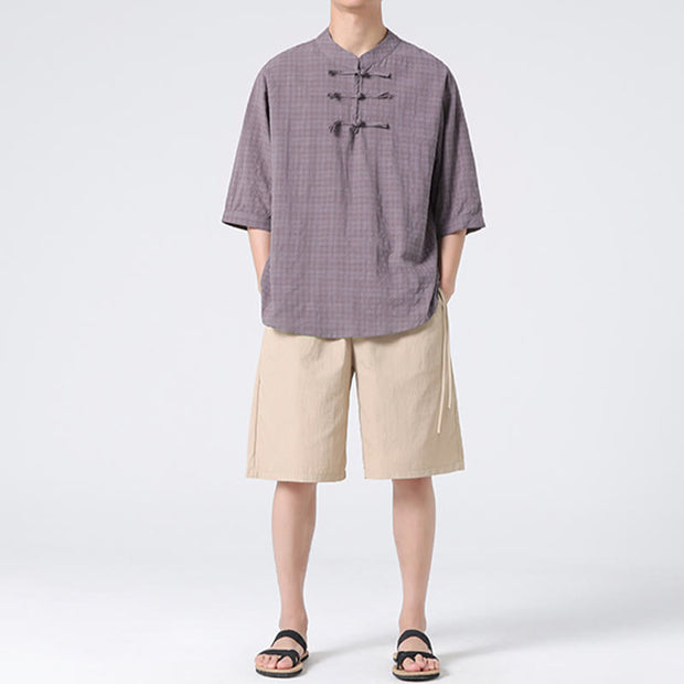 Buddha Stones Frog-Button Plaid Pattern Chinese Tang Suit Half Sleeve Shirt Cotton Linen Men Clothing Men's Shirts BS 20