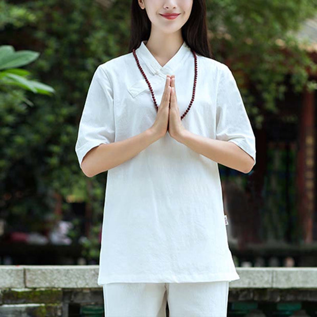Buddha Stones 2Pcs Half Sleeve V-Neck Shirt Top Pants Meditation Zen Tai Chi Linen Clothing Women's Set Women's Meditation Cloth BS 4