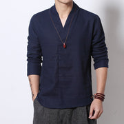 Buddha Stones Casual V-Neck Long Sleeve Shirt Linen Men Clothing