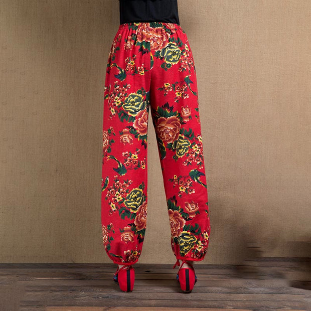Buddha Stones Ethnic Style Red Green Flowers Print Harem Pants With Pockets Women's Harem Pants BS 17