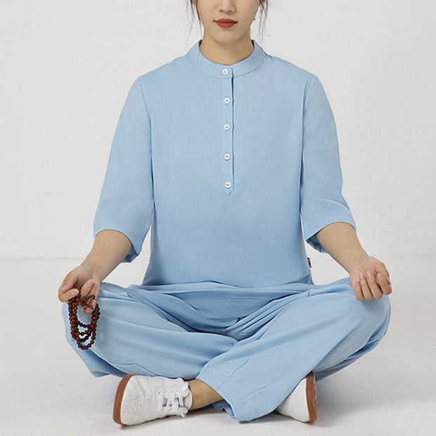 Buddha Stones 2Pcs Buttons Three Quarter Sleeve Shirt Top Pants Meditation Zen Tai Chi Cotton Linen Clothing Women's Set Women's Meditation Cloth BS 14