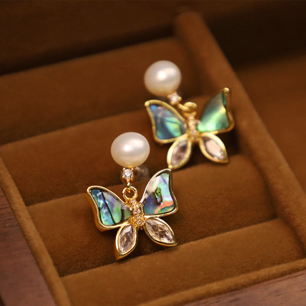 Buddha Stones 18K Gold Plated Copper Natural Shell Pearl Butterfly Sincerity Stud Earrings 3