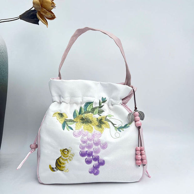 Buddha Stones Embroidered Osmanthus Peony Grape Cat Cotton Linen Tote Crossbody Bag Shoulder Bag Handbag