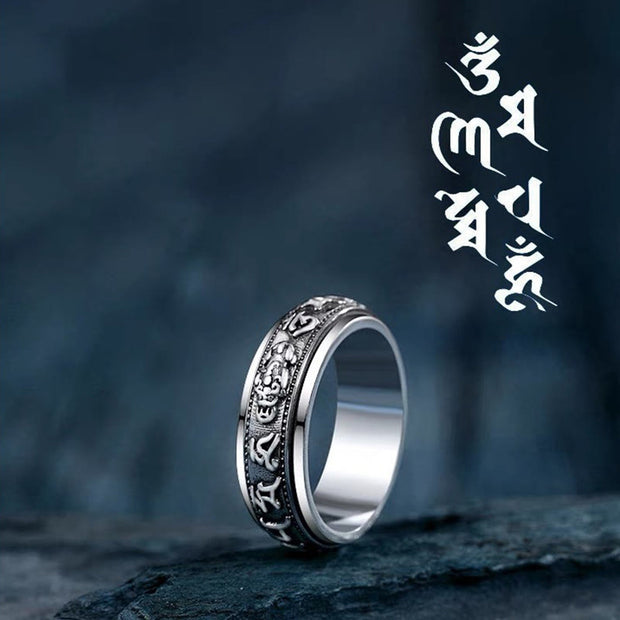 Buddha Stones Tibetan Om Mani Padme Hum PiXiu Engraved Wealth Luck Rotatable Ring Ring BS 66mm