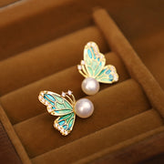 Buddha Stones 925 Sterling Silver Posts 18K Gold Plated Copper Natural Pearl Butterfly Healing Stud Earrings 6