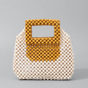 Buddha Stones Hand-woven Wooden Beads Square Tote Handbag Handbags BS Cream Turmeric 21*4.5*21cm