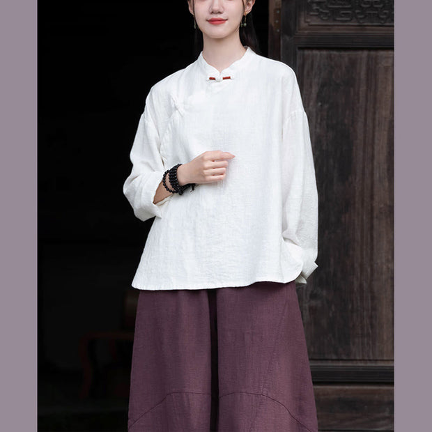 Buddha Stones Chinese Hanfu Frog-Button Blouse Women Long Sleeve Shirt Top