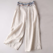 Buddha Stones Frog-button Embroidery Cotton Linen Straight Wide Leg Pants With Pockets