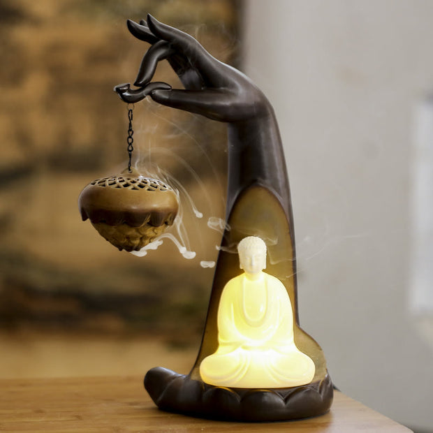 Buddha Stones Led Buddha Hand Backflow Smoke Fountain Healing Ceramic Stick Incense Burner Decoration Incense Burner BS 1