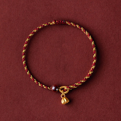 Buddha Stones Handcrafted Red Gold Rope Lotus Peace And Joy Charm Braid Bracelet Bracelet BS Golden Lotus Pod Charm Dark Red Gold(Wrist Circumference 14-16cm)