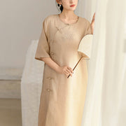 Buddha Stones Flower Vine Embroidery Cheongsam Midi Dress Ramie Half Sleeve Dress With Pockets