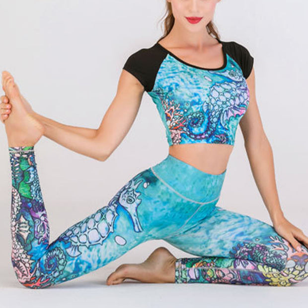 Buddha Stones 2Pcs Undersea World Mysterious Girl Gradient Color Print Top Pants Sports Fitness Yoga Women's Yoga Sets