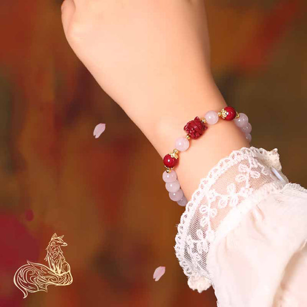 Buddha Stones Natural Pink Crystal Cinnabar Nine Tailed Fox Love Bracelet Bracelet BS 7