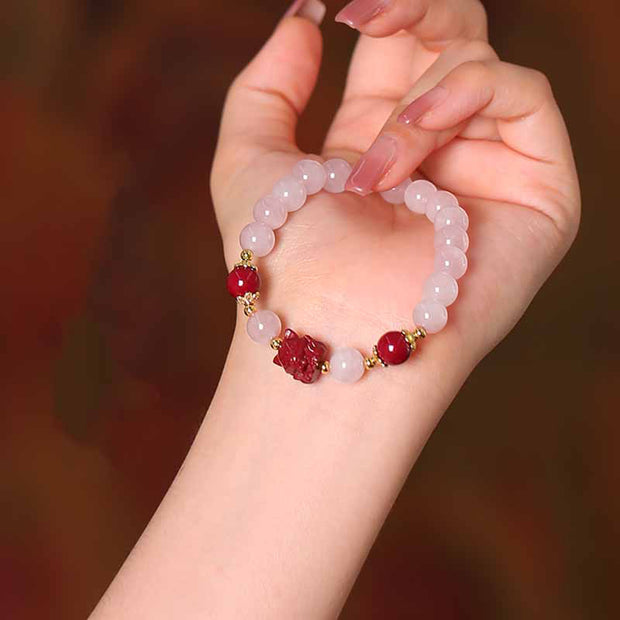 Buddha Stones Natural Pink Crystal Cinnabar Nine Tailed Fox Love Bracelet Bracelet BS 1