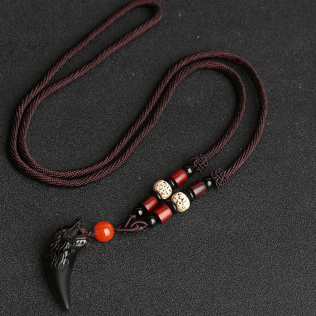 Buddha Stones Natural Ice Obsidian Wolf Tooth Pattern Courage Necklace Pendant